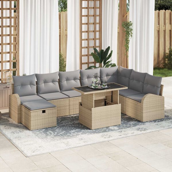 vidaXL Conjunto de sof&aacute; de jard&iacute;n con coj&iacute;n 9 pcs Beige Polirat&aacute;n