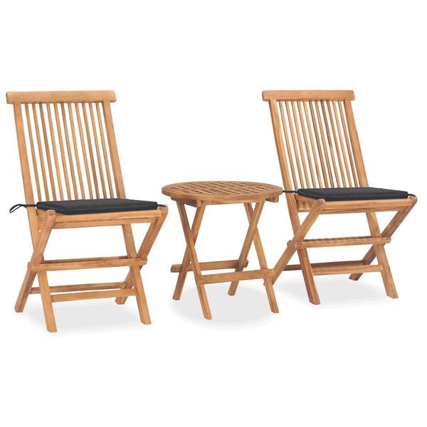 vidaXL Set comedor de jard&iacute;n plegable 3 piezas madera de teca cojines