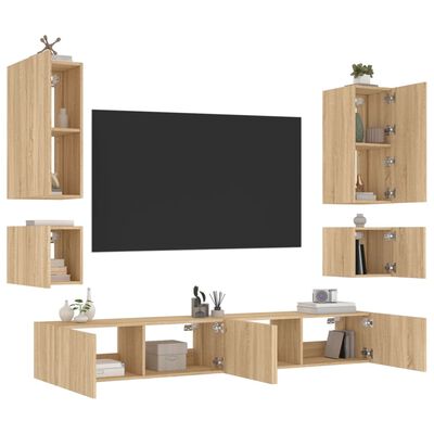 vidaXL Muebles de TV de pared con luces LED 6 piezas roble Sonoma