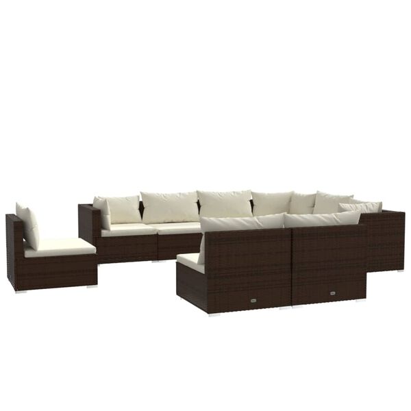 vidaXL Set muebles de jard&iacute;n 9 piezas y cojines rat&aacute;n sint&eacute;tico marr&oacute;n
