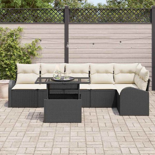 vidaXL Conjunto de sof&aacute; de jard&iacute;n 7 pcs Negro y crema rat&aacute;n sint&eacute;tico