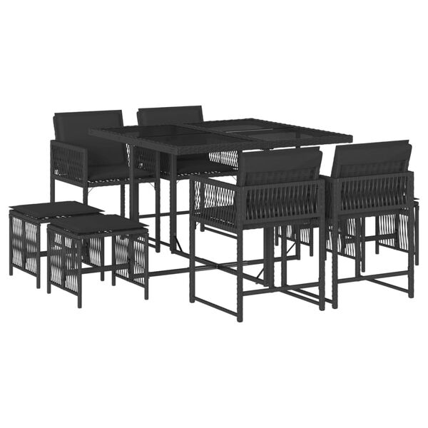 vidaXL Set de comedor de jard&iacute;n 9 pzas y cojines rat&aacute;n sint&eacute;tico negro