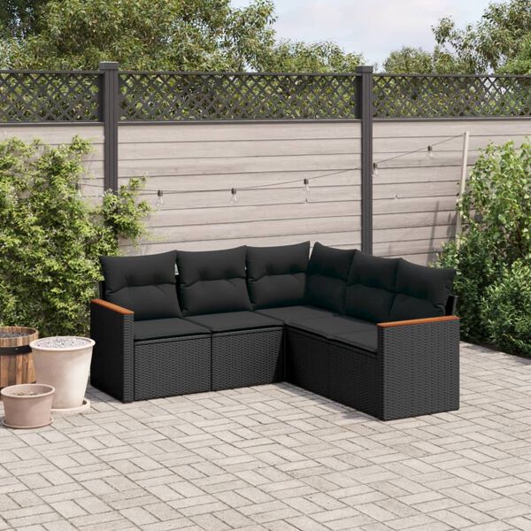 vidaXL Set de muebles de jard&iacute;n 5 pzas y cojines rat&aacute;n sint&eacute;tico negro