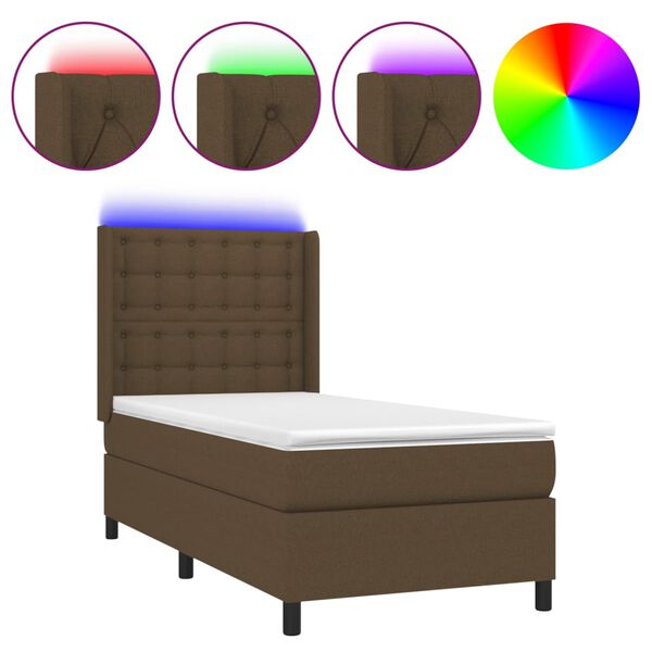 vidaXL Cama box spring colch&oacute;n y luces LED tela marr&oacute;n oscuro 80x200cm