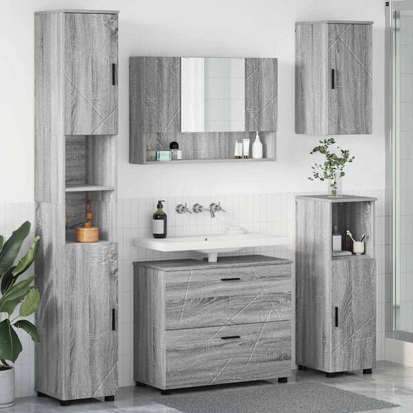 vidaXL Juego de muebles de ba&ntilde;o con caj&oacute;n con puerta 5 pcs Gris Sonoma