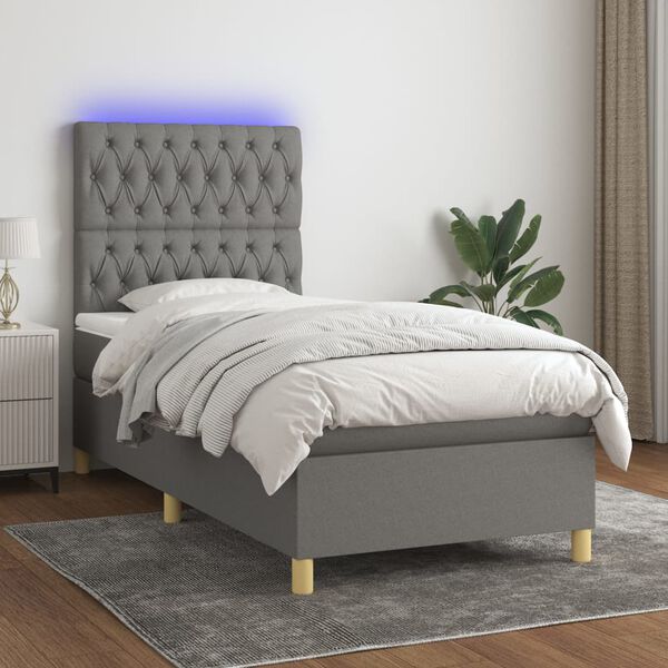 vidaXL Cama box spring colch&oacute;n y luces LED tela gris oscuro 100x200 cm