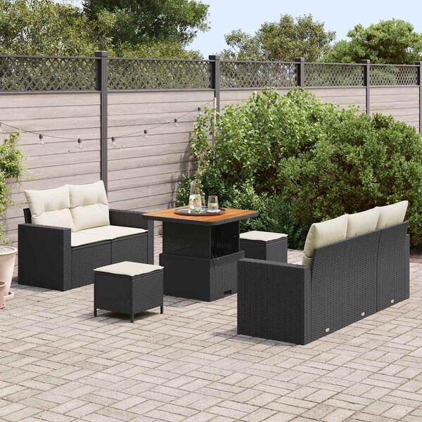 vidaXL Conjunto de sof&aacute; de jard&iacute;n 8 pcs Negro y crema rat&aacute;n sint&eacute;tico