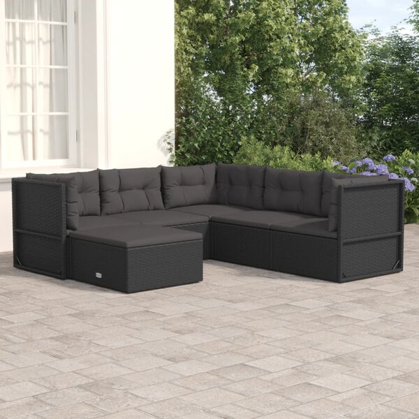 vidaXL Set muebles de jard&iacute;n 6 piezas y cojines rat&aacute;n sint&eacute;tico negro