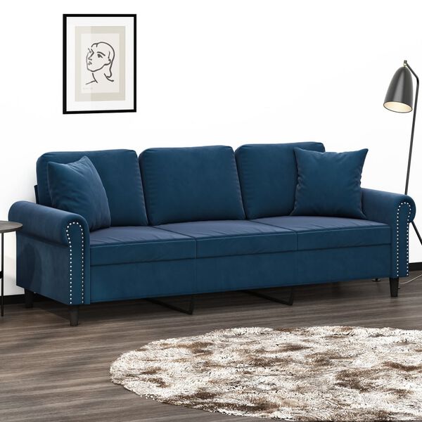 vidaXL Sof&aacute; 3 plazas almohadas y cojines terciopelo azul 180 cm