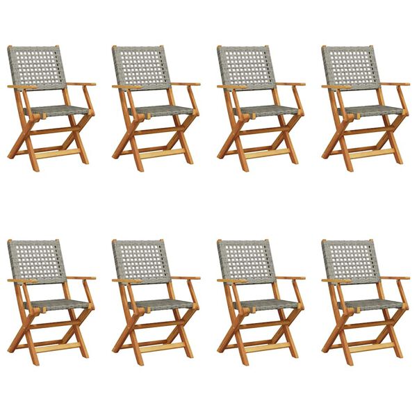 vidaXL Sillas de jard&iacute;n plegables 8 uds madera maciza y rat&aacute;n PE gris