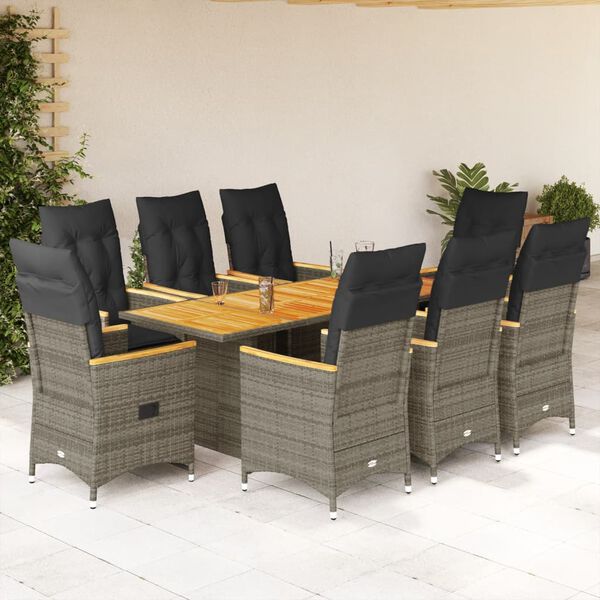 vidaXL Set comedor jard&iacute;n 9 pzas y cojines rat&aacute;n sint&eacute;tico gris