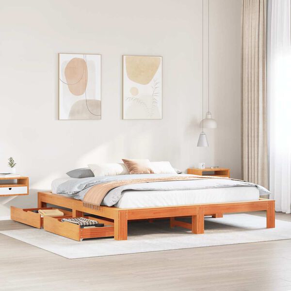 vidaXL Cama sin colch&oacute;n madera maciza de pino marr&oacute;n cera 180x200 cm