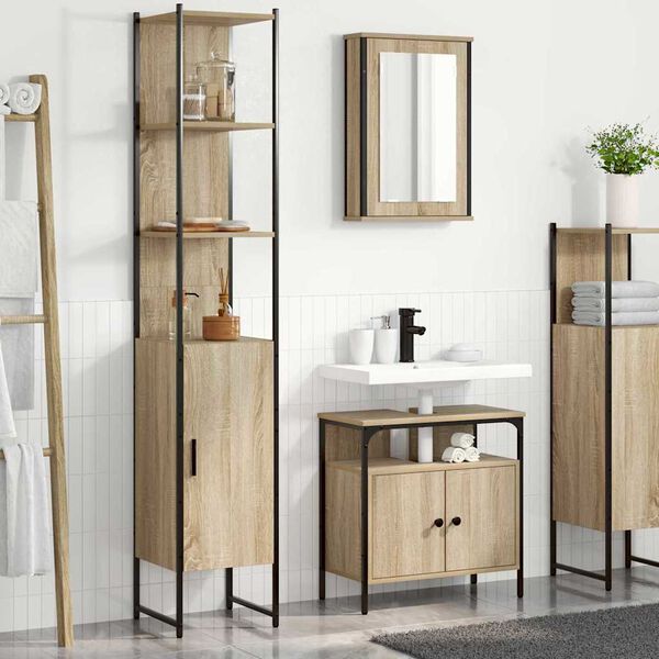 vidaXL Juego de muebles de ba&ntilde;o con estante 3 pcs Roble Sonoma