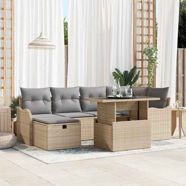 vidaXL Conjunto de sof&aacute; de jard&iacute;n con coj&iacute;n 7 pcs Beige Polirat&aacute;n
