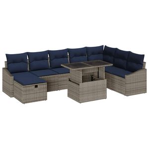 vidaXL Conjunto de sof&aacute; de jard&iacute;n con coj&iacute;n 9 pcs Gris rat&aacute;n sint&eacute;tico