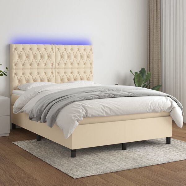 vidaXL Cama box spring colch&oacute;n y luces LED tela crema 140x190 cm