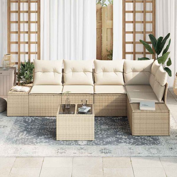 vidaXL Conjunto de sof&aacute; de jard&iacute;n 6 pcs Beige rat&aacute;n sint&eacute;tico
