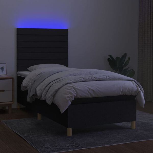 vidaXL Cama box spring colch&oacute;n y luces LED tela negro 90x190 cm