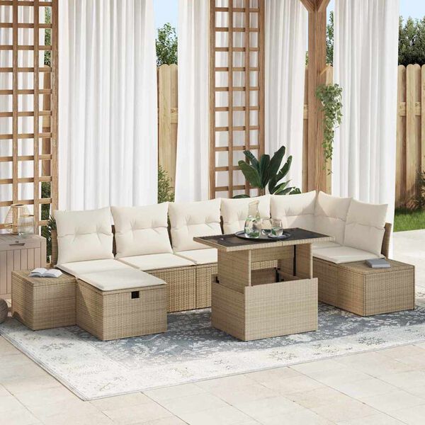 vidaXL Conjunto de sof&aacute; de jard&iacute;n 8 pcs Beige rat&aacute;n sint&eacute;tico