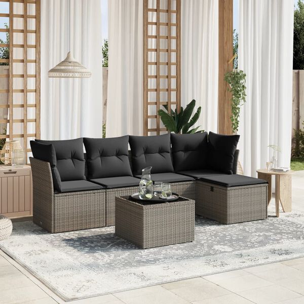 vidaXL Set de muebles de jard&iacute;n 6 pzas y cojines rat&aacute;n sint&eacute;tico gris