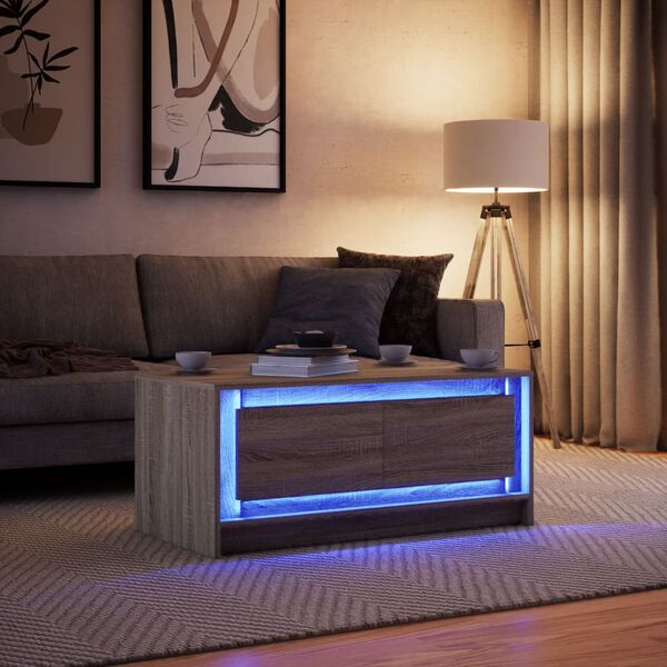 vidaXL Mesa de centro con luces LED madera de ingenier&iacute;a roble Sonoma
