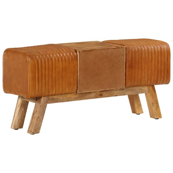 vidaXL Banco Bok madera de mango piel de cabra aut&eacute;ntica marr&oacute;n 107 cm