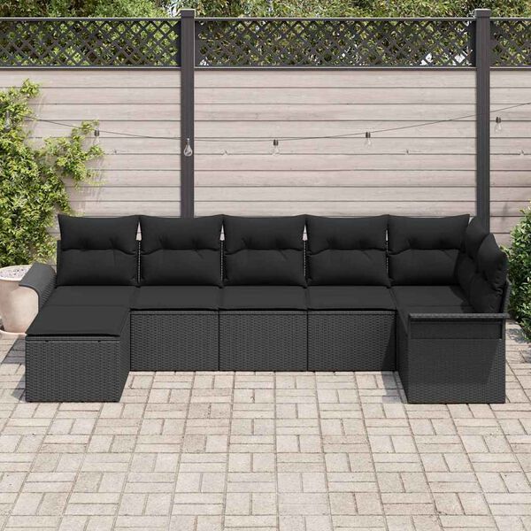 vidaXL Conjunto de sofá de jardín con cojín 7 pcs Negro Poliratán