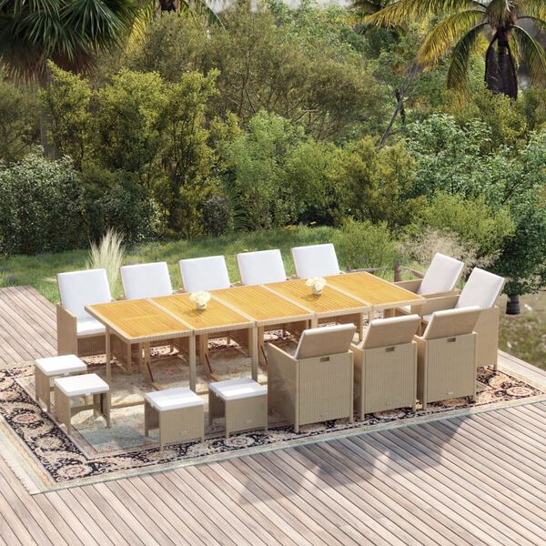 vidaXL Set comedor de jard&iacute;n 15 pzas con cojines rat&aacute;n sint&eacute;tico beige