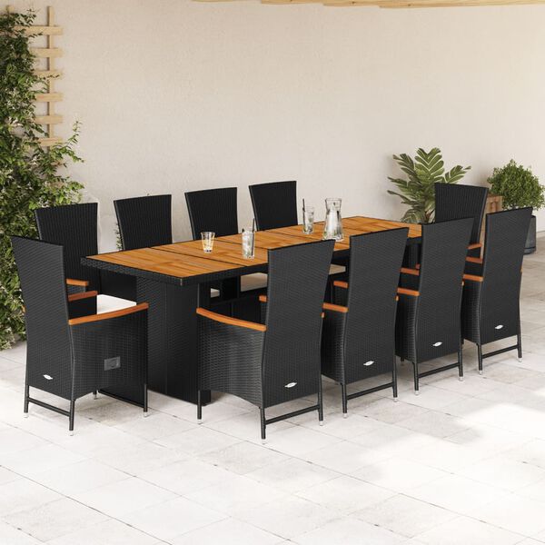 vidaXL Set de comedor jard&iacute;n 11 pzas con cojines rat&aacute;n sint&eacute;tico negro