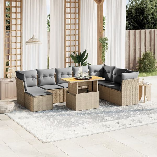 vidaXL Set de sof&aacute;s de jard&iacute;n 9 pzas con cojines rat&aacute;n sint&eacute;tico beige