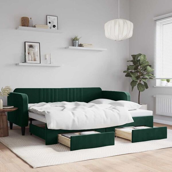 vidaXL Sof&aacute; cama nido con cajones terciopelo verde oscuro 90x200 cm
