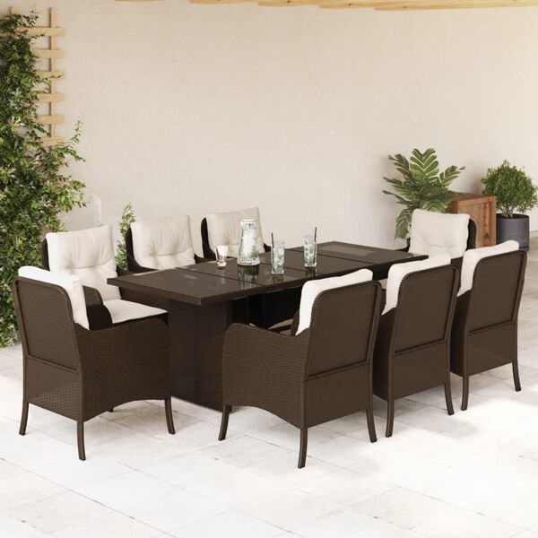 vidaXL Set comedor para jard&iacute;n 9 pzas y cojines rat&aacute;n sint&eacute;tico marr&oacute;n