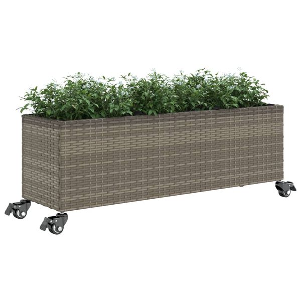 vidaXL Jardinera con ruedas y 3 maceteros rat&aacute;n PE gris 107x32x38 cm