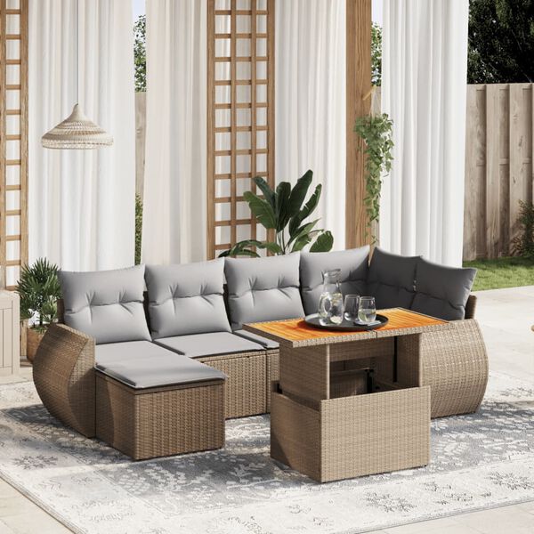 vidaXL Set sof&aacute;s de jard&iacute;n 7 piezas y cojines rat&aacute;n sint&eacute;tico beige