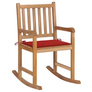 vidaXL Silla mecedora de madera maciza de teca con coj&iacute;n rojo