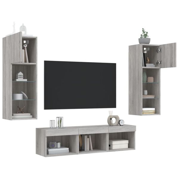 vidaXL Muebles TV pared con LED 5 pzas madera ingenier&iacute;a gris Sonoma