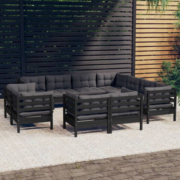 vidaXL Muebles de jard&iacute;n 11 pzas y cojines negro madera maciza de pino
