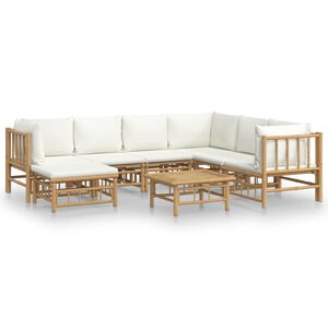 vidaXL Set de muebles de jard&iacute;n 8 piezas bamb&uacute; y cojines blanco crema