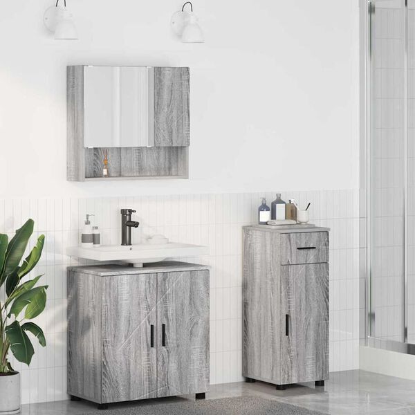 vidaXL Juego de muebles de ba&ntilde;o con caj&oacute;n con puerta 3 pcs Gris Sonoma