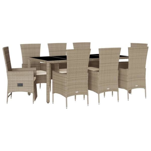 vidaXL Set comedor de jard&iacute;n 9 pzas con cojines rat&aacute;n sint&eacute;tico beige