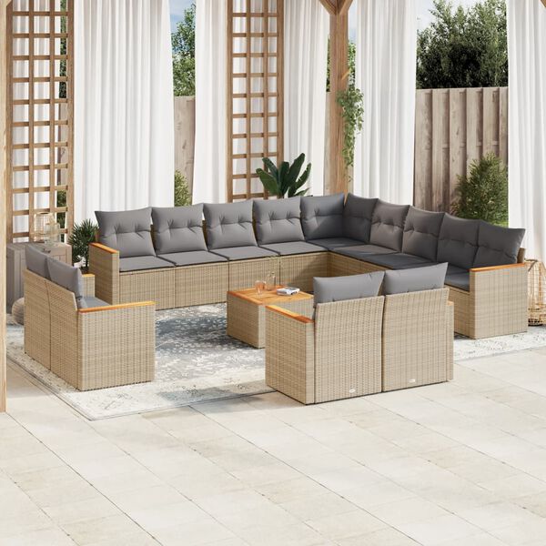 vidaXL Set sof&aacute;s jard&iacute;n 14 pzas y cojines rat&aacute;n sint&eacute;tico beige mezcla