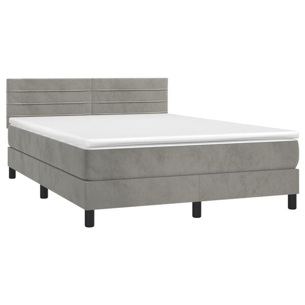vidaXL Cama box spring colch&oacute;n y LED terciopelo gris claro 140x200 cm