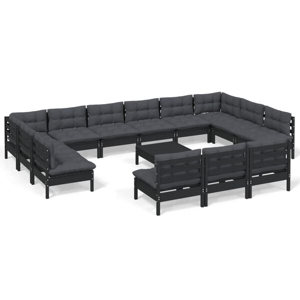 vidaXL Muebles de jard&iacute;n 14 pzas y cojines negro madera maciza de pino
