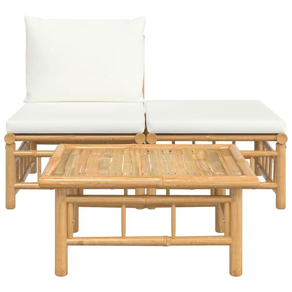 vidaXL Set de muebles de jardín 3 piezas bambú y cojines blanco crema