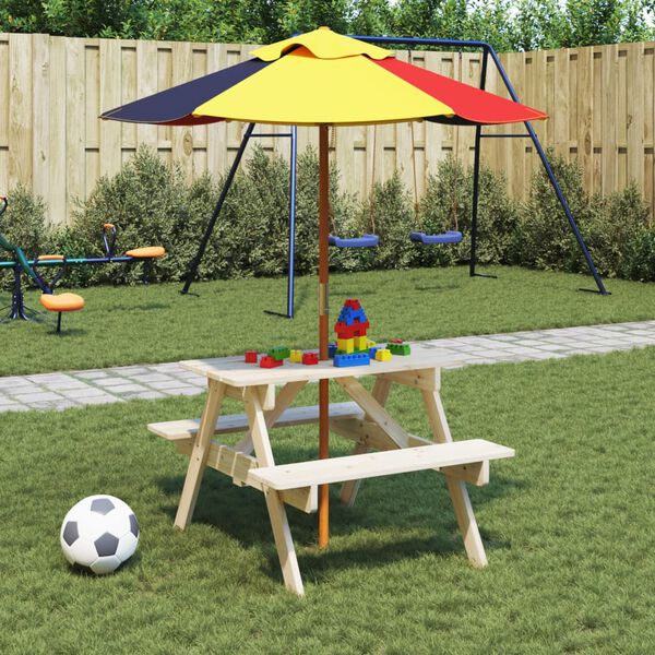 vidaXL Mesa de picnic para 4 ni&ntilde;os agujero para sombrilla madera abeto