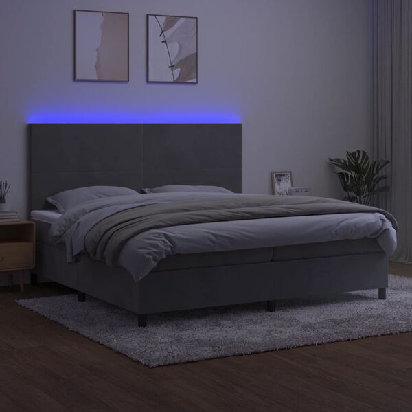 vidaXL Cama box spring colchón y LED terciopelo gris claro 200x200 cm