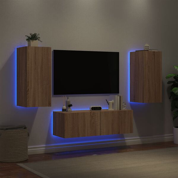 vidaXL Muebles de TV de pared con luces LED 3 piezas roble Sonoma