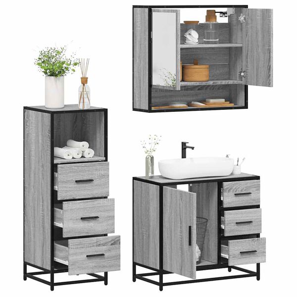 vidaXL Set de muebles de ba&ntilde;o 3 pzas madera contrachapada gris sonoma