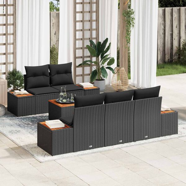 vidaXL Conjunto de sof&aacute; de jard&iacute;n con coj&iacute;n 6 pcs Negro Polirat&aacute;n