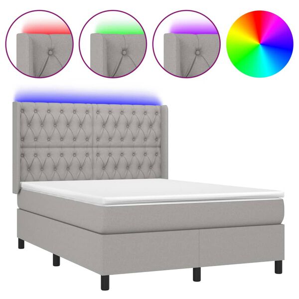 vidaXL Cama box spring colch&oacute;n y luces LED tela gris claro 140x200 cm